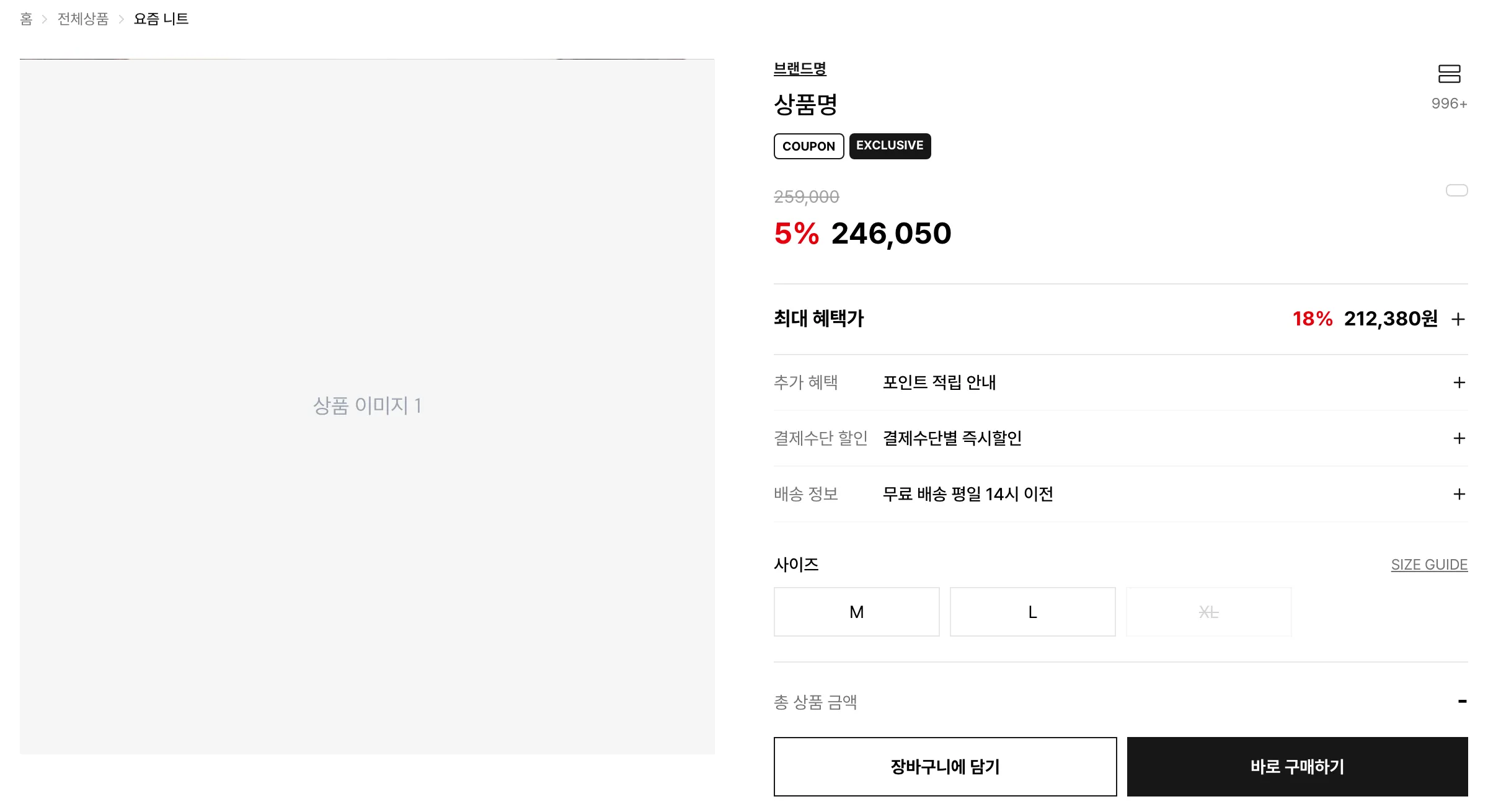 상품 상세 페이지 캡처. 왼쪽 갤러리 자리는 회색 상자로 가렸고, 오른쪽에 브랜드명, 상품명, 취소선 정가 259,000 과 빨간 5% 와 판매가 246,050, 최대 혜택가 줄, 혜택 아코디언 세 줄, 사이즈 M L XL 버튼, 총 상품 금액, 장바구니에 담기와 바로 구매하기 버튼이 있다