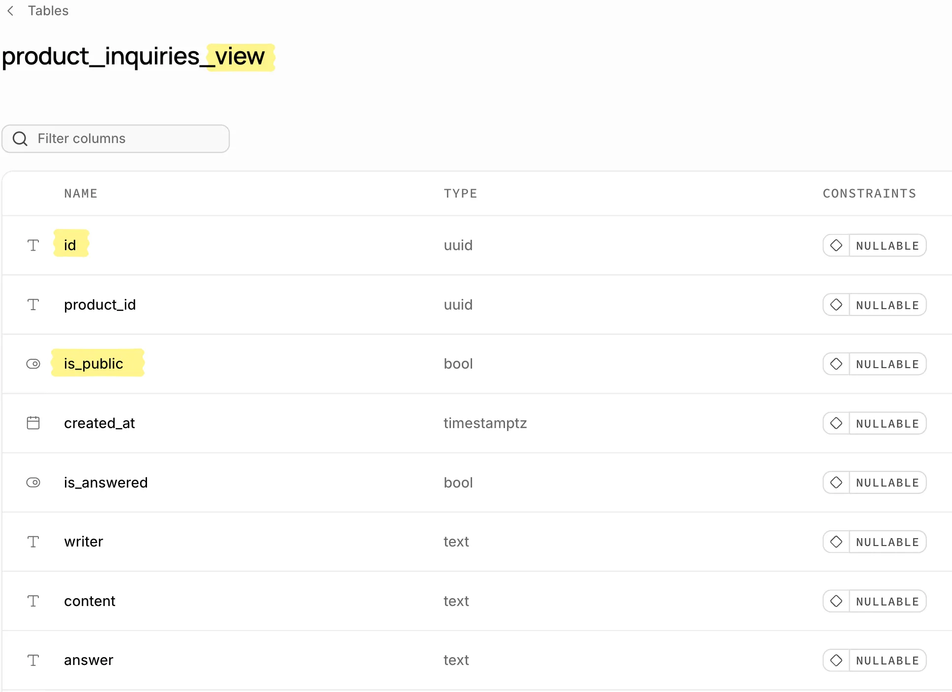 Supabase 의 product_inquiries_view 열 목록. id, product_id, is_public, created_at, is_answered, writer, content, answer 가 전부 NULLABLE 로 표시된다