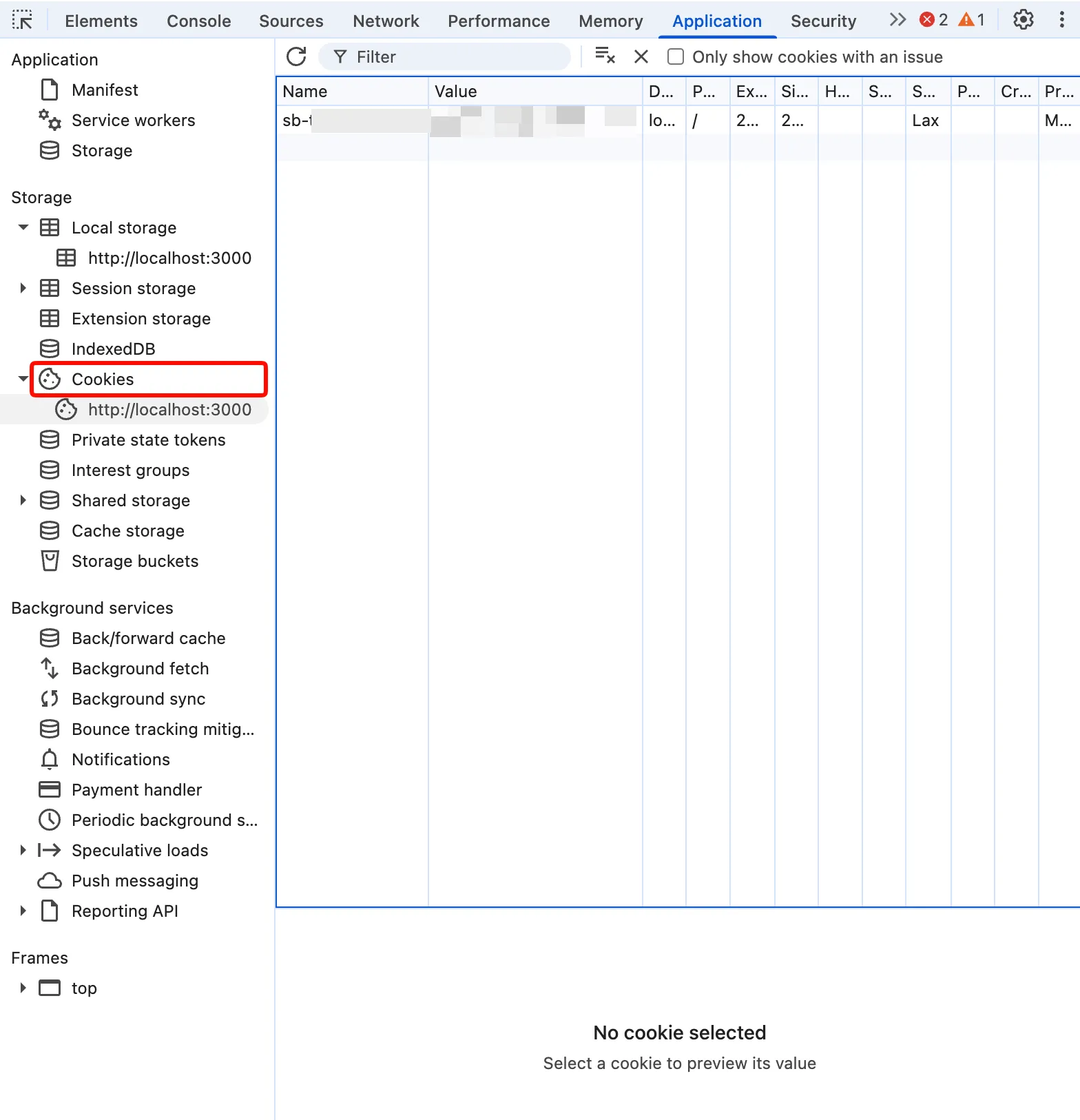 브라우저 개발자 도구 Application 탭의 Cookies. localhost:3000 에 sb- 로 시작하는 auth-token 쿠키 한 줄이 있고 값은 가려져 있다. SameSite 열은 Lax